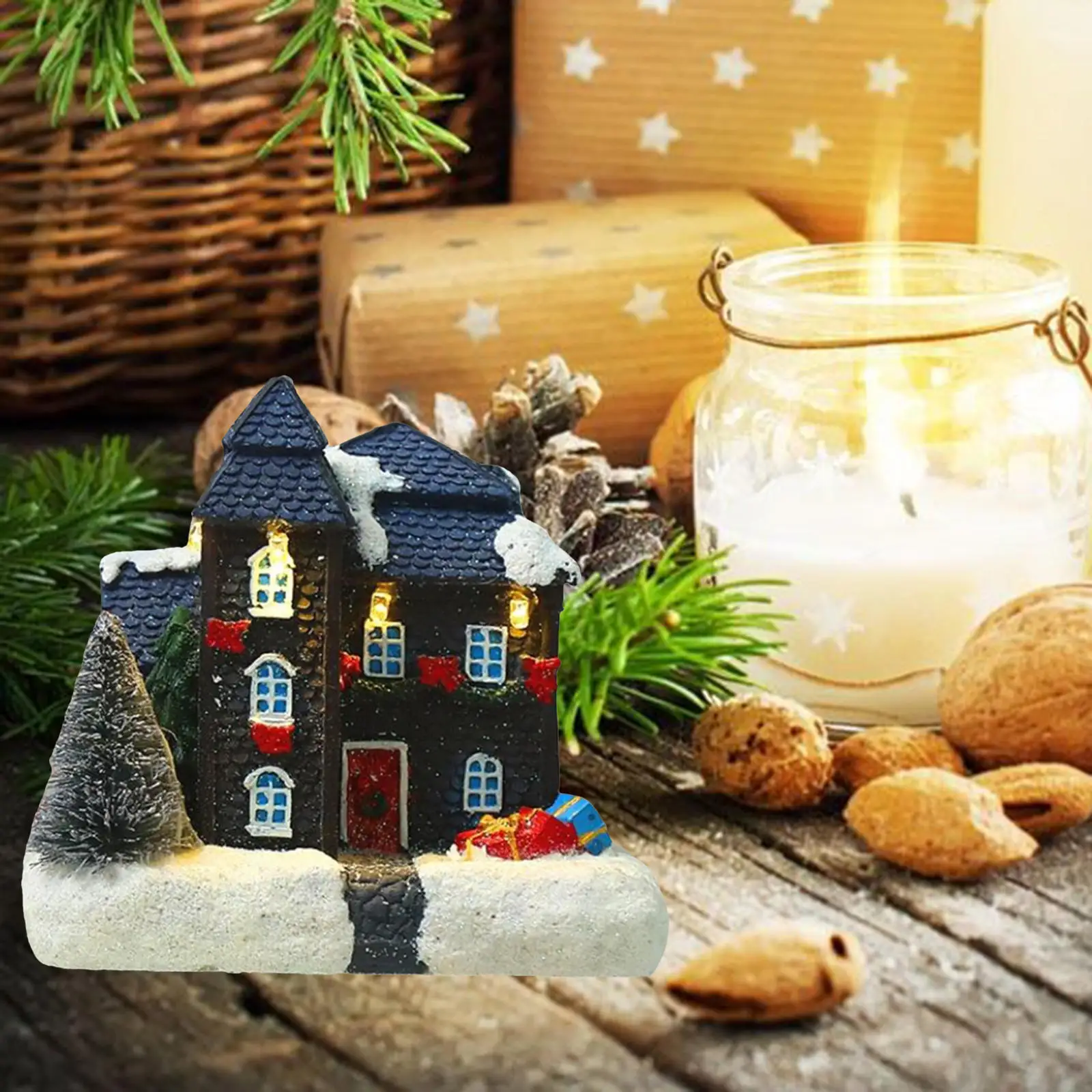 2 Pcs Christmas House LED Warm Light Snow Village Home Table Decor Gift