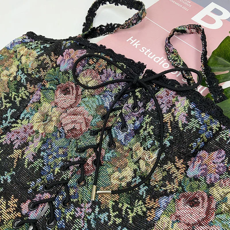 Summer Women Lace Trim Corset Crop Top Vintage Flora Print Low Cut Sleeveless Lace-up Bandage Bustier Vest 90s Streetwear