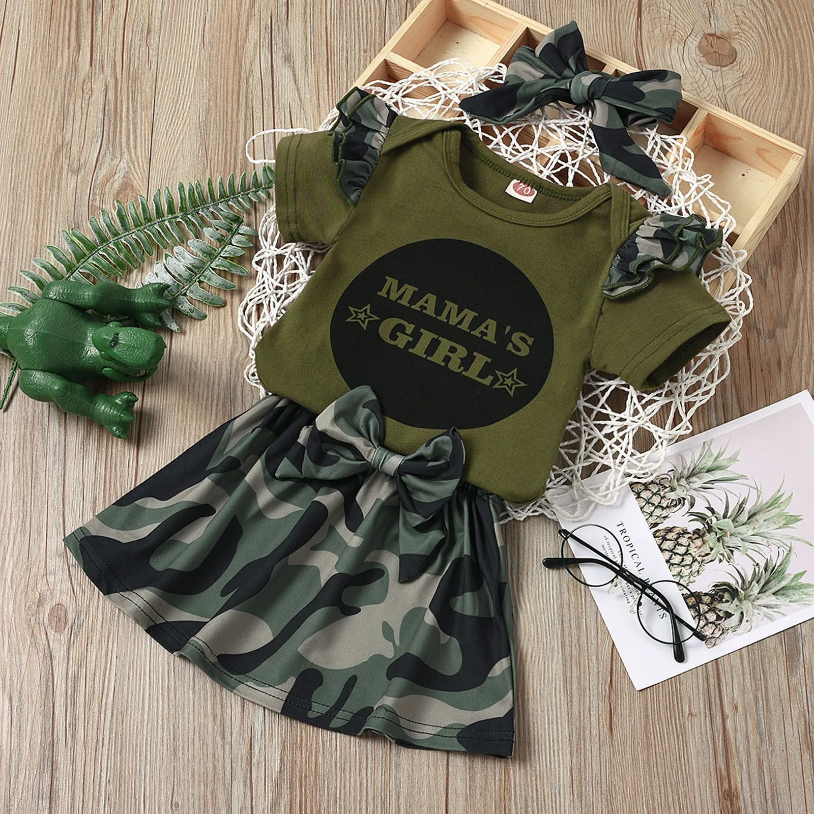 Newborn Baby Girl Short Sleeve Letter Print Romper+Camouflage Skirt+Headband Set 