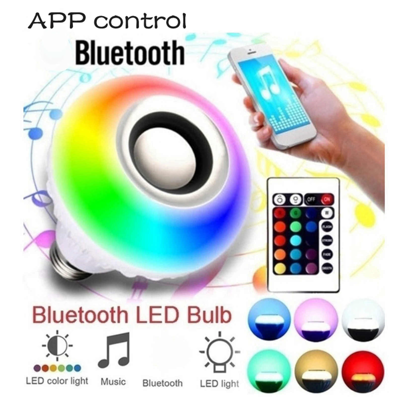 LED Wireless Light Bulb Speaker, RGB Smart Music Bulb, E27 Base Color Changing