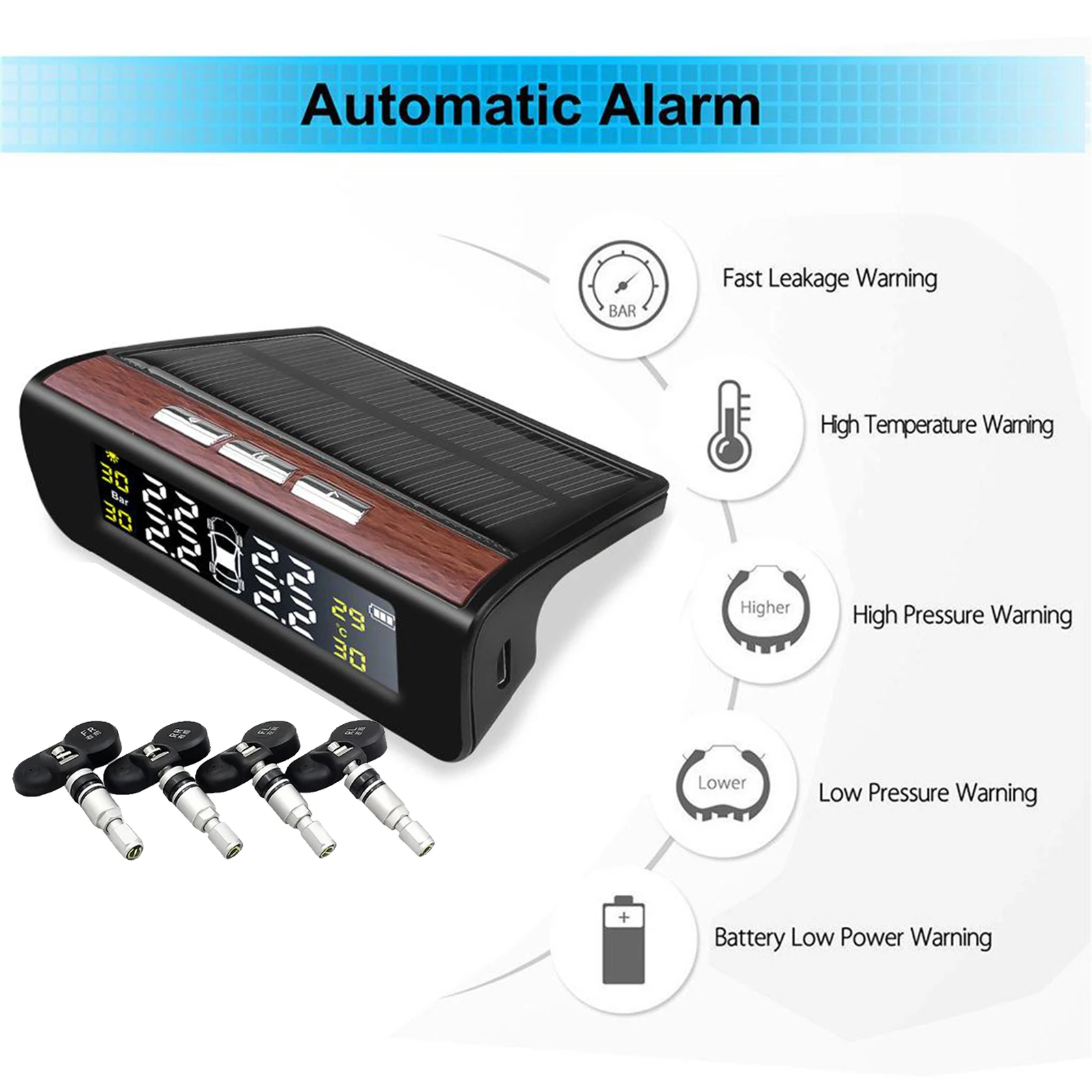 TPMS Car Tire Pressure Alarm Monitor System Real-time Display Wwireless Solar Power TPMS with 4 Sensors