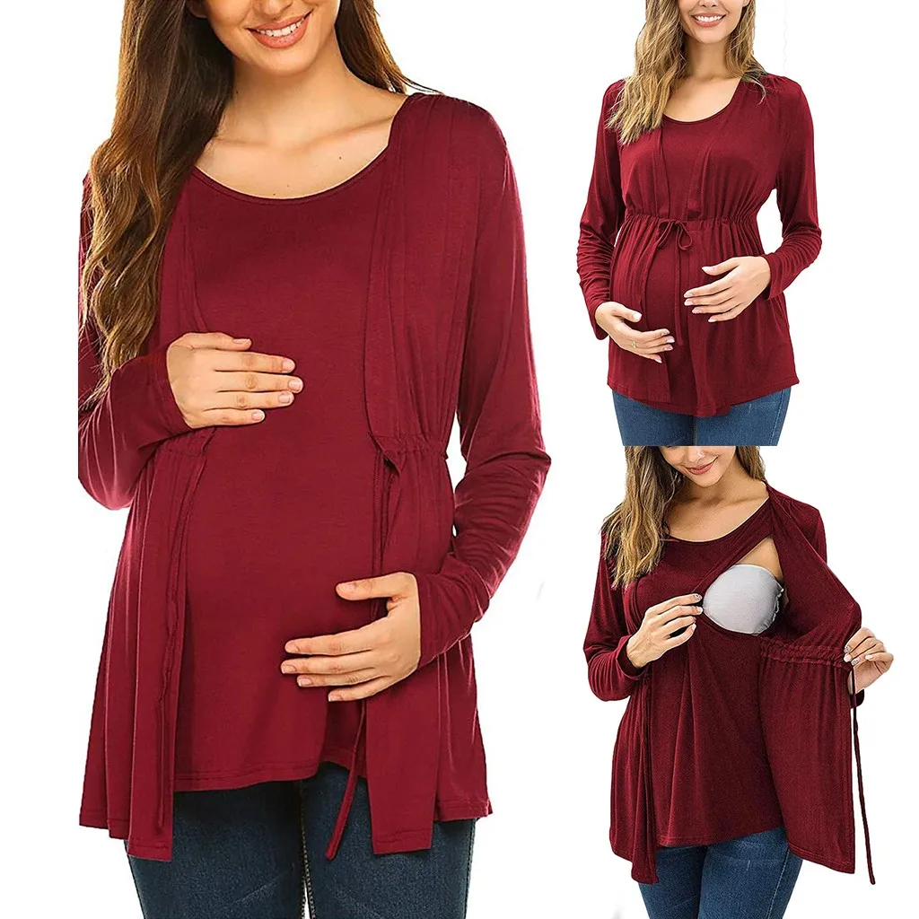 Maternity Blouse for Womens Nursing Shirt Solid Color Tops Casual Double Layer Shirts for Breastfeeding 