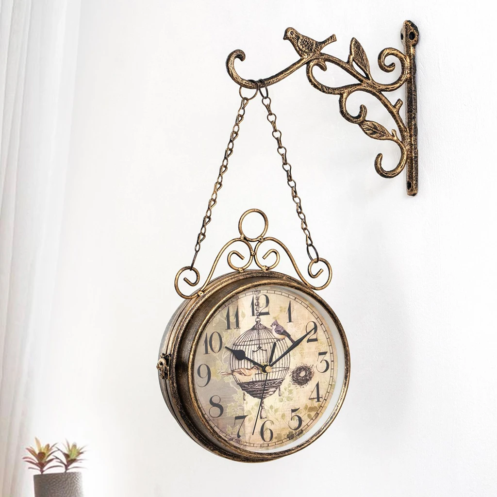 Double Sided Wall Clocks, Battery Powered Metal Vintage Style Clock Antique Circle Station Wall 2- Side Hanging Clock Wall Home