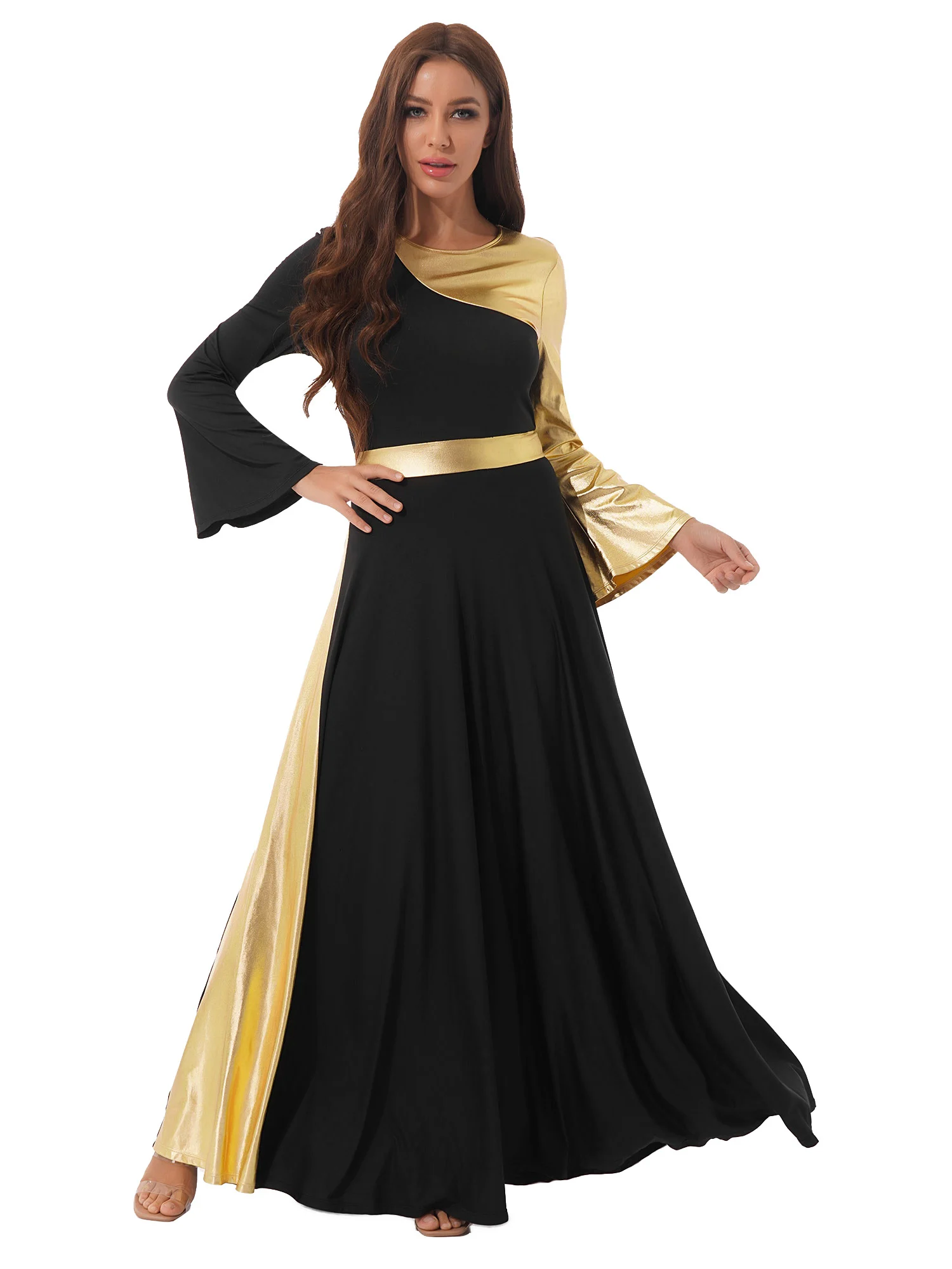 IBAKOM Womens Adult Metallic Gold Color Block Long Sleeve Praise Dance Dress Loose Fit Full Length Liturgical Lyrical Worship