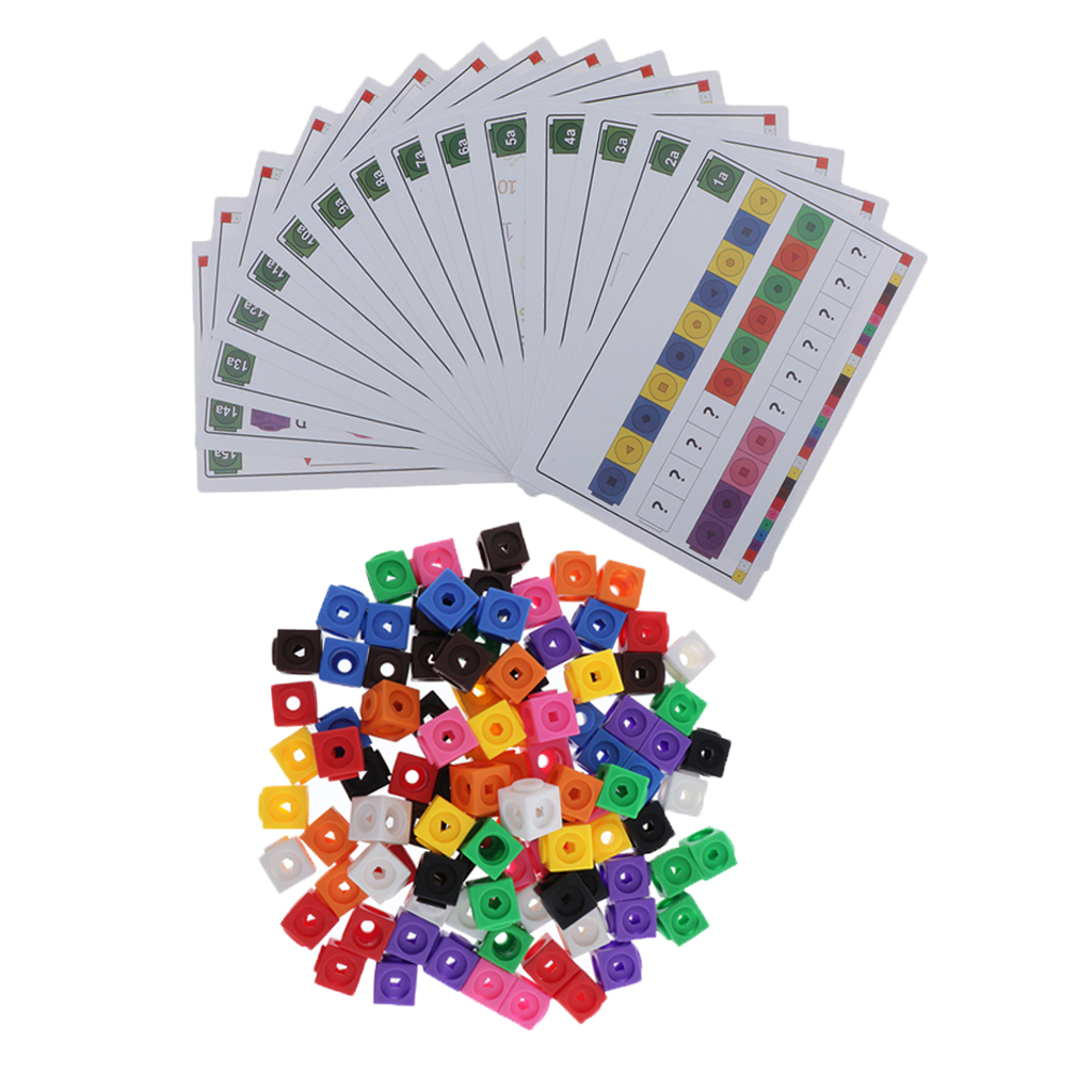 100 Pieces Math Link Cubes - Interlocking Snap Blocks Set with 15 Cards - for