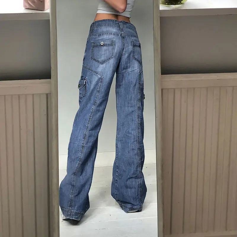 women's clothing stores Trousers Streetwear  Y2K Low Waist Wide Leg Jeans Pockets Cargo Pants Women Aesthetic Denim Harajuku Mom Boyfriend Straight Jean baggy jeans