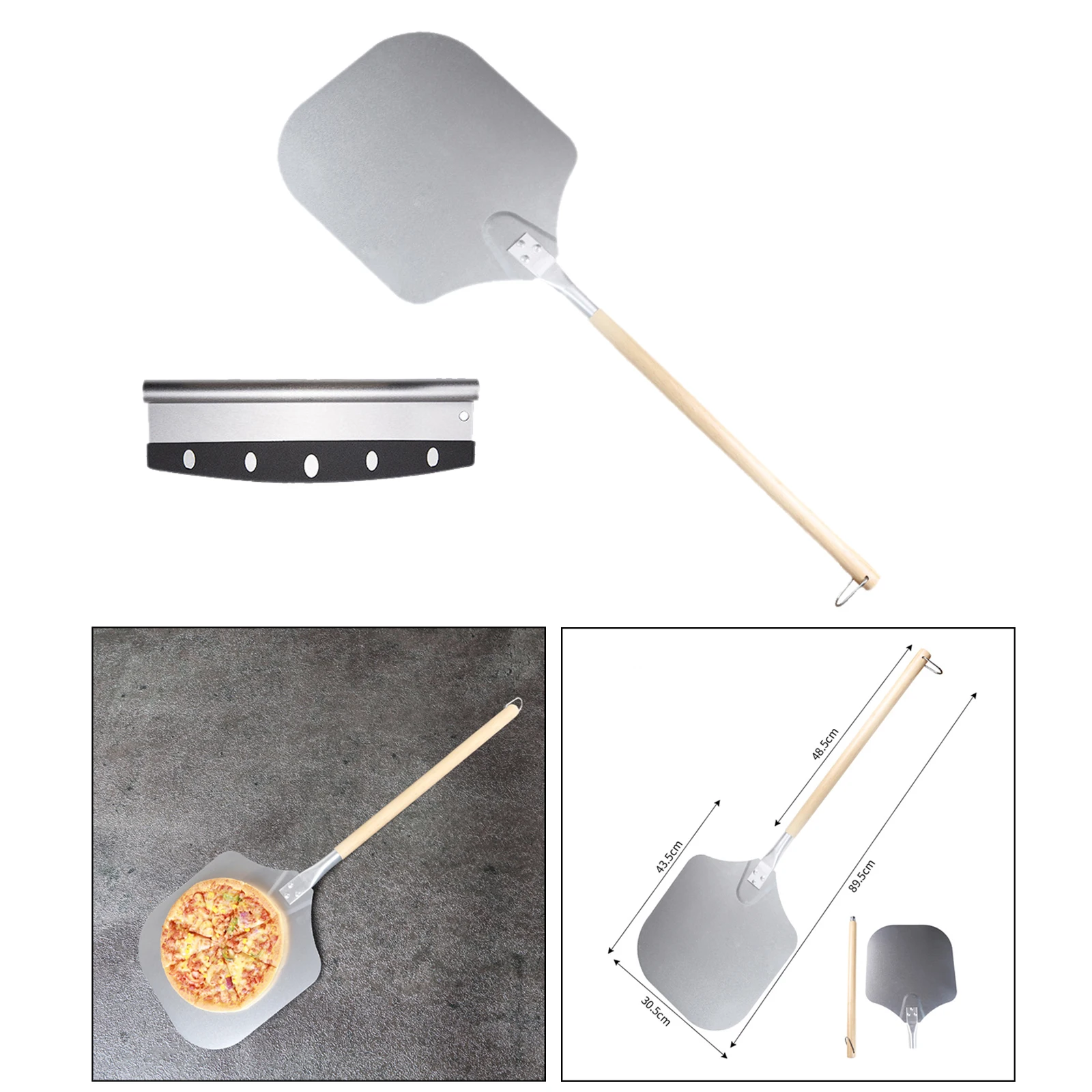 Alloy Pizza Peel Long Wooden Handle Pizza Cake Lifter Transfer Paddle Shovel for Home Kitchen Restaurant Bakery, 90cm