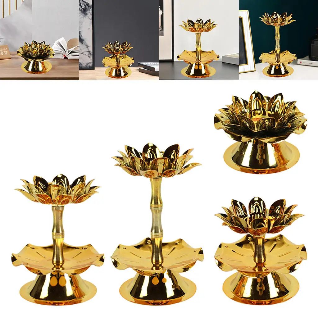 Retro Style Metal Lotus Candle Holder Stand Buddha Ghee Lamp Holder Candlestick Temple Ancestral Hall Decors, Golden