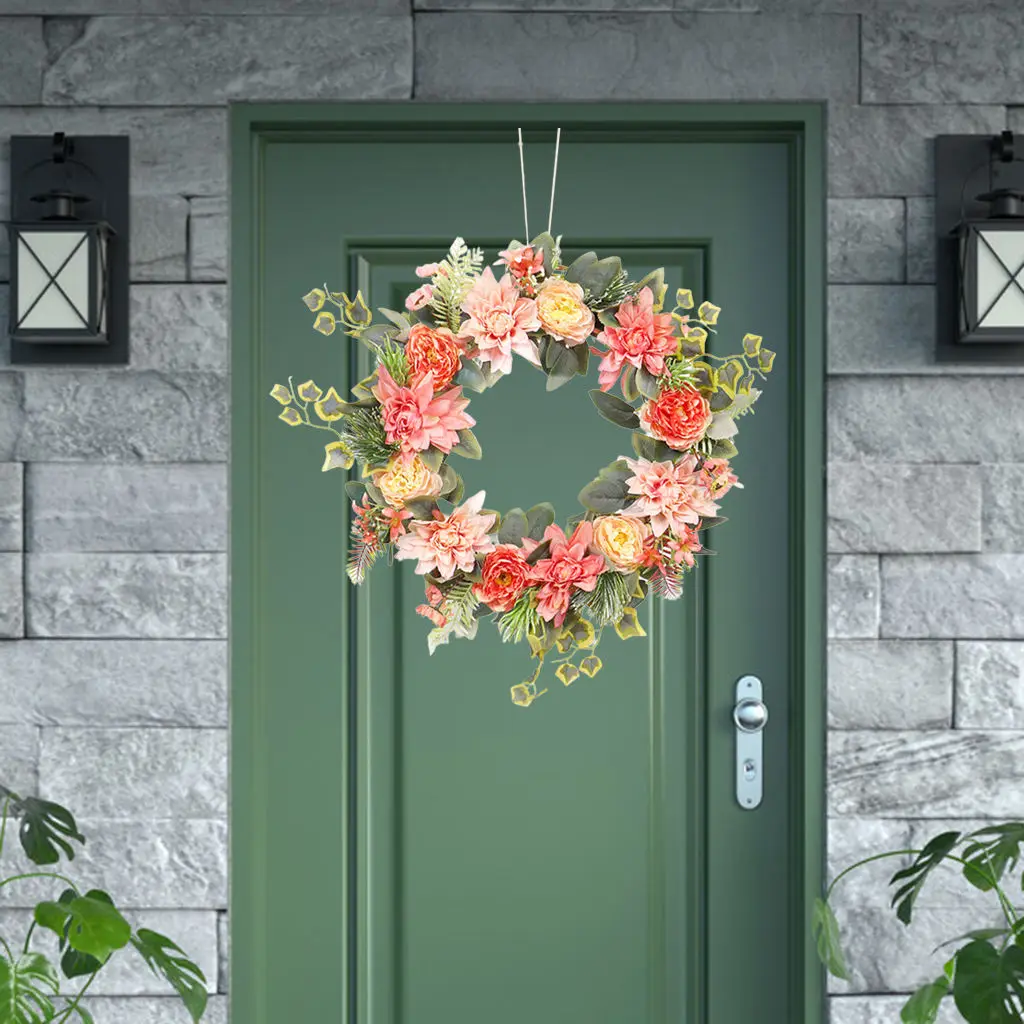 18inch Dahlia Flower Wreath Artificial Eucalyptus Garland Farmhouse Wreath Front Door Wall ing for Wedding Wreath Home Decor