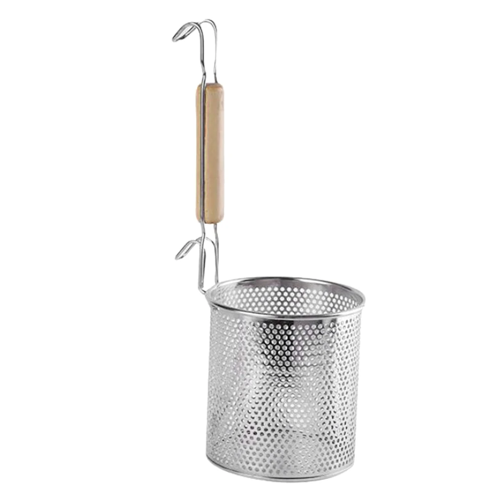 Stainless Steel Noodle Food Strainer with Hook and Wooden Handle, Strainer Basket for Dumpling Udon Vegetables Pasta