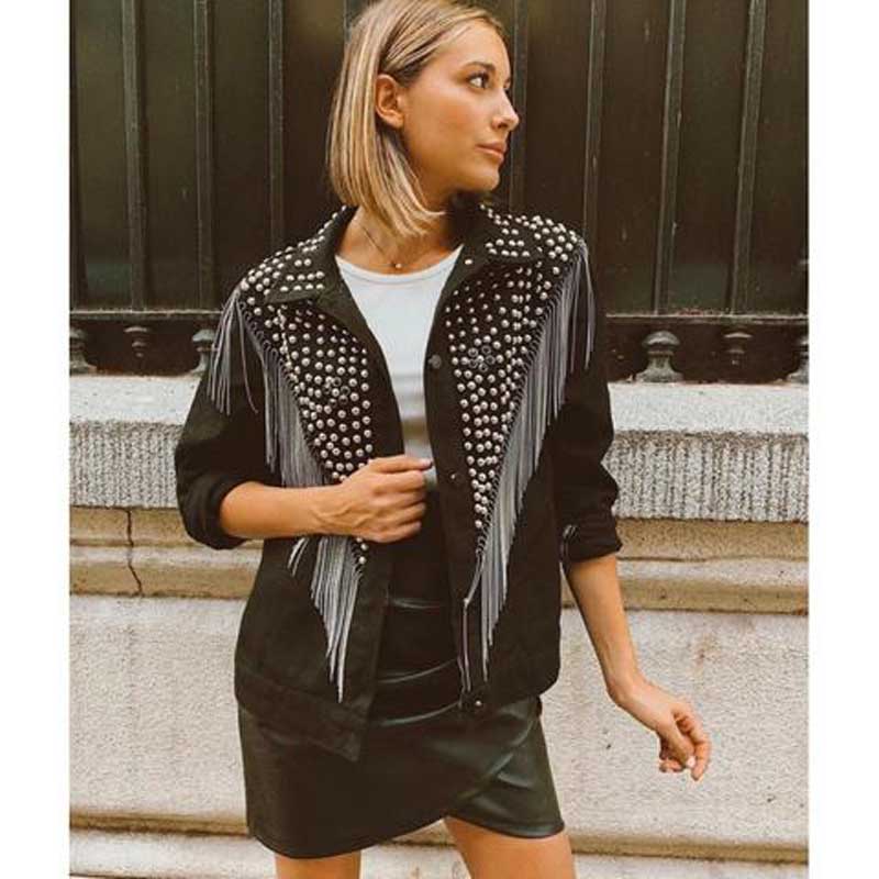 TEELYNN Boho-Jeansjacke für Damen, langärmelig, Herbst, lockere Jeansjacke mit Fransen, Perlen und Nieten, lässige Oberbekleidung – Detail 6