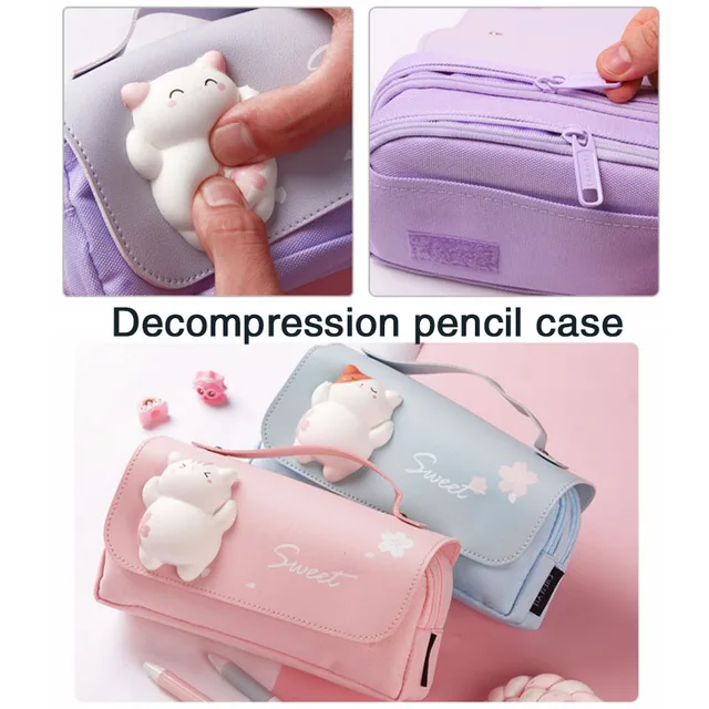 Cute Cat Decompression Pencil Case Big Pencil Box Portable Girls Pen Bag  Double Layer School Pouch Kawaii Stationery Pencil Case