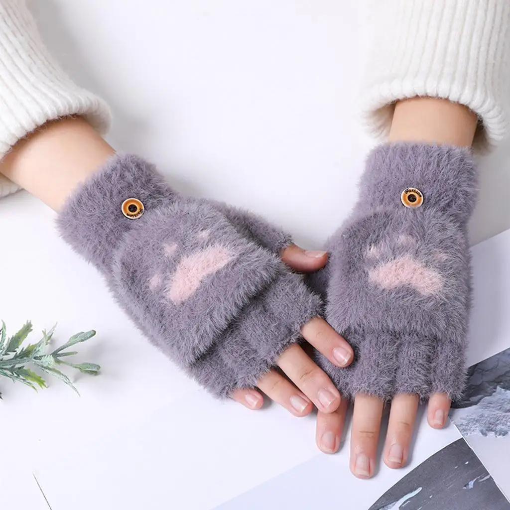 Half Finger Gloves, Soft Fingerless Glove Knitting Mitten Flip Touchscreen Imitation Mink Fur for Women Men Cold Weather Running