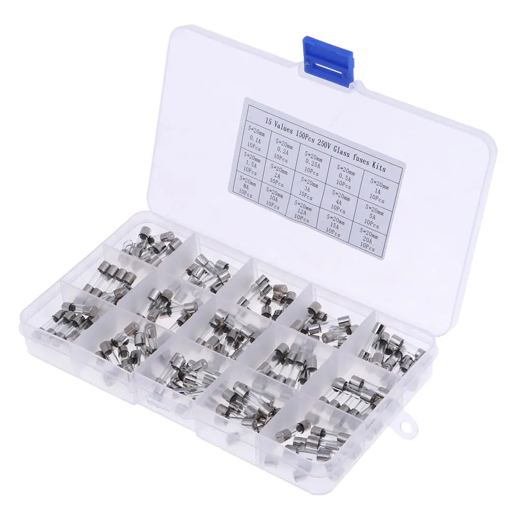 15 Values 150pcs Fast-blow Glass Fuses Assorted Kit 5x20mm With  Box
