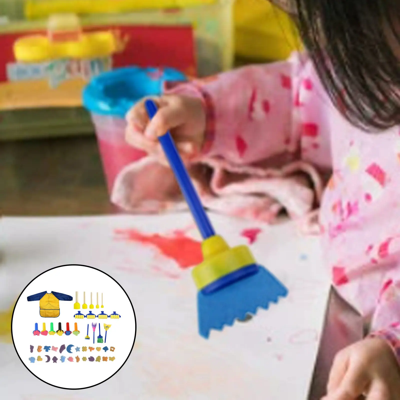 44Pcs Kids Paint Sponges Shapes Brushes Kids Drawing Art & Craft Paint Sponges Paint Set DIY Painting with Painting Apron