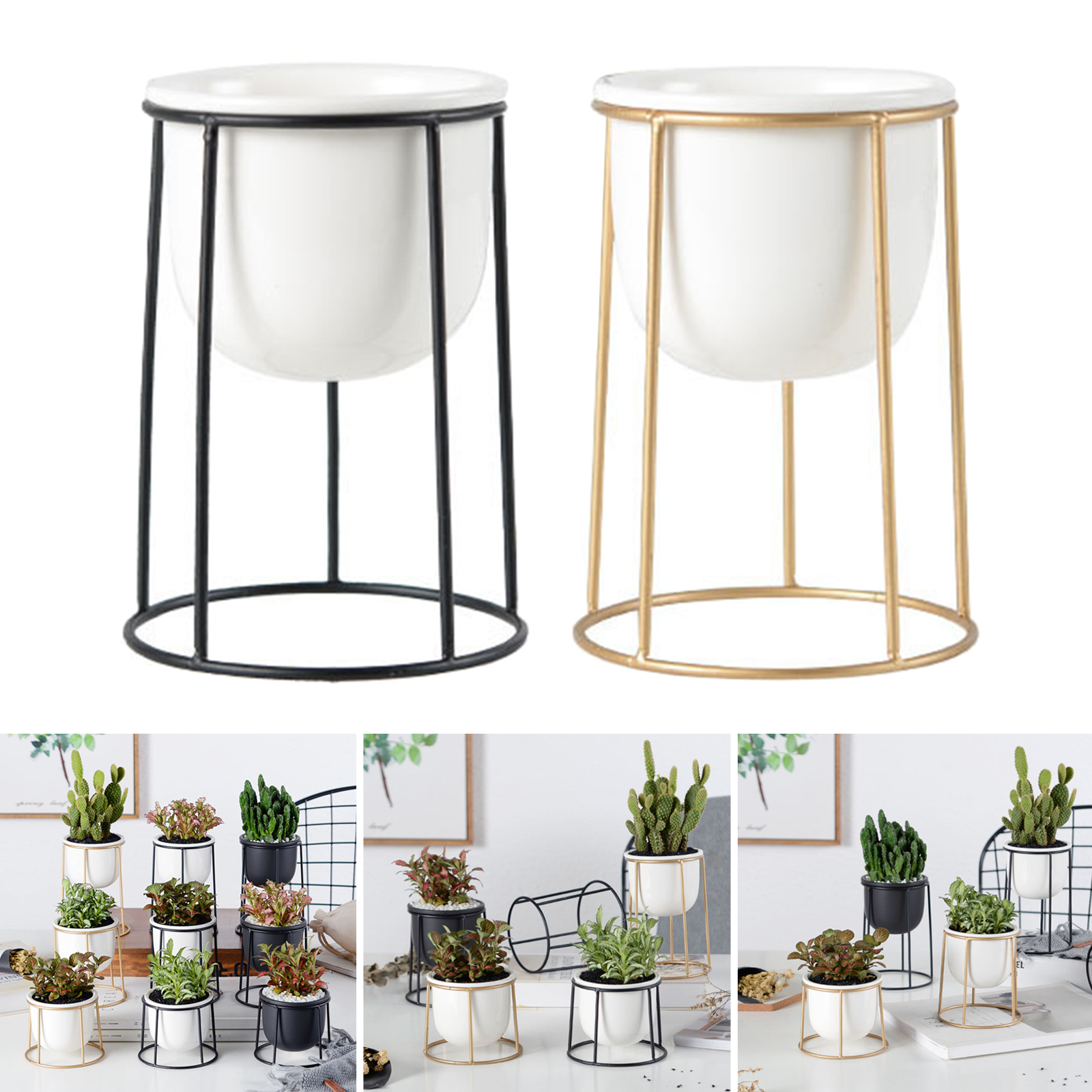 Modern White Ceramic Flower Pots with Iron Frame Stand Holder Home Decoration Succulent Plant Pot