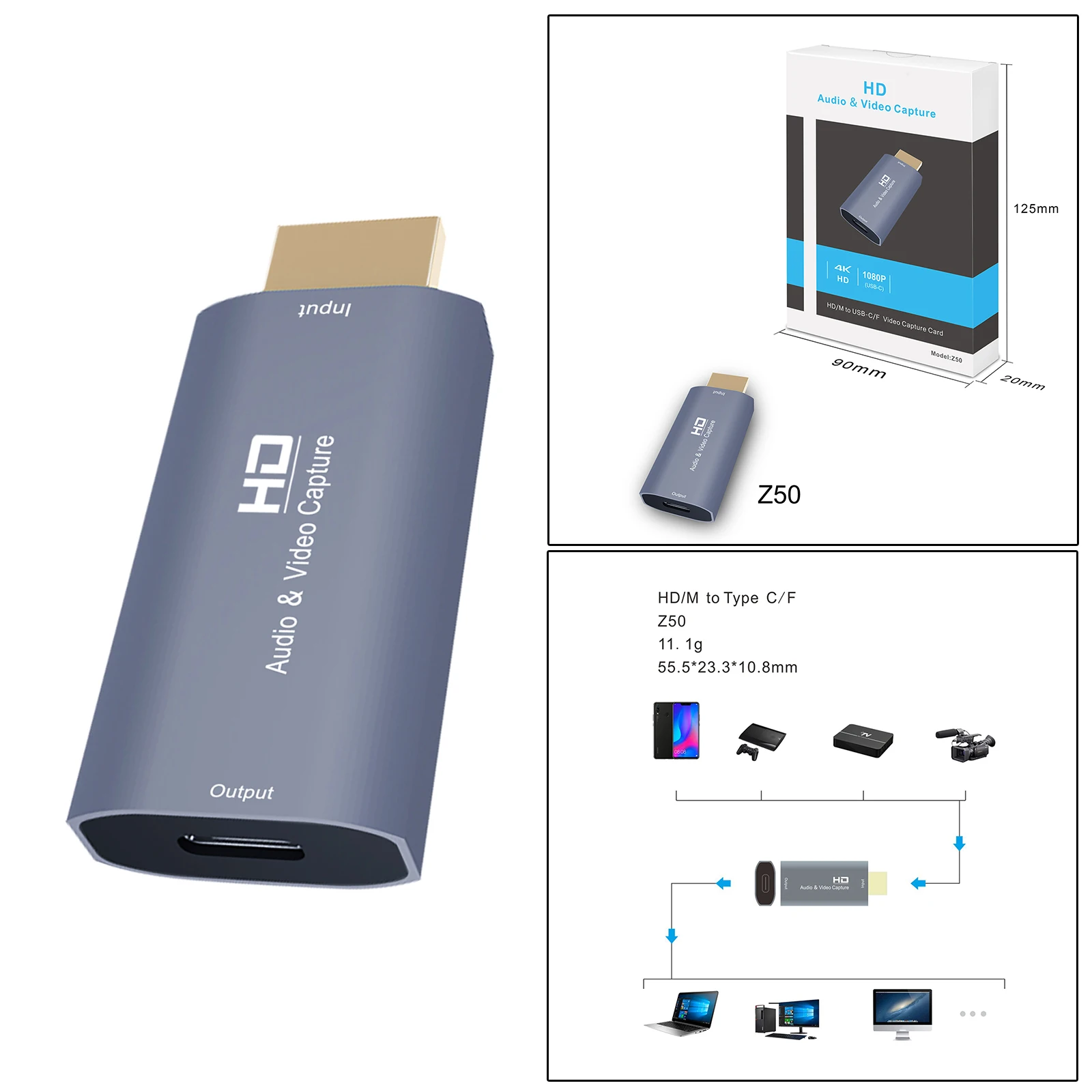 HD to Type C Audio Video Capture Card, USB-C 4K 1080P for Live Streaming Recording for PC Phone