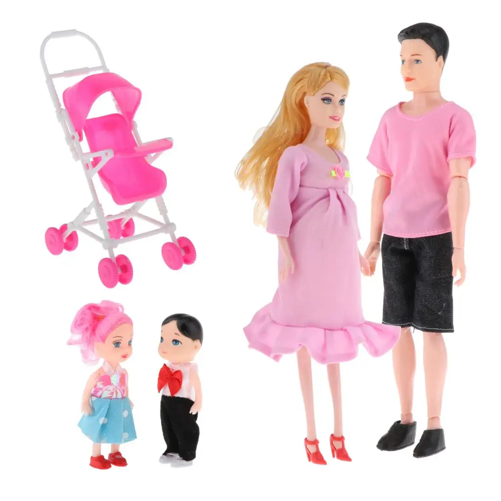 Family Doll Set Dad Pregnant Mom Daughter Son Baby Baby Doll Stroller Accessories for Girls Toys Pink