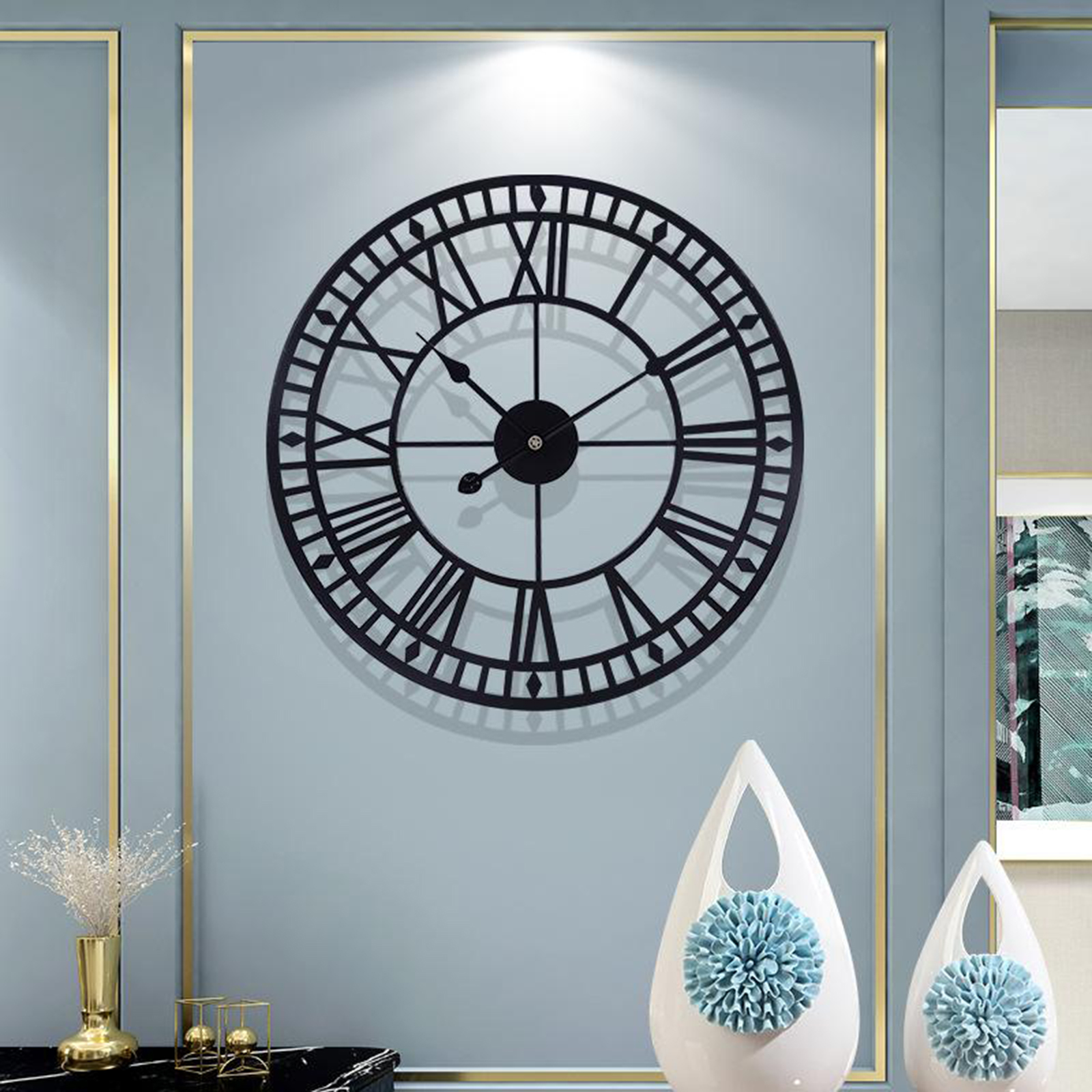 Wall Clock, Industrial Vintage Clock with Roman Numerals, Indoor Silent Battery Operated Metal Decorative Living Room Clock