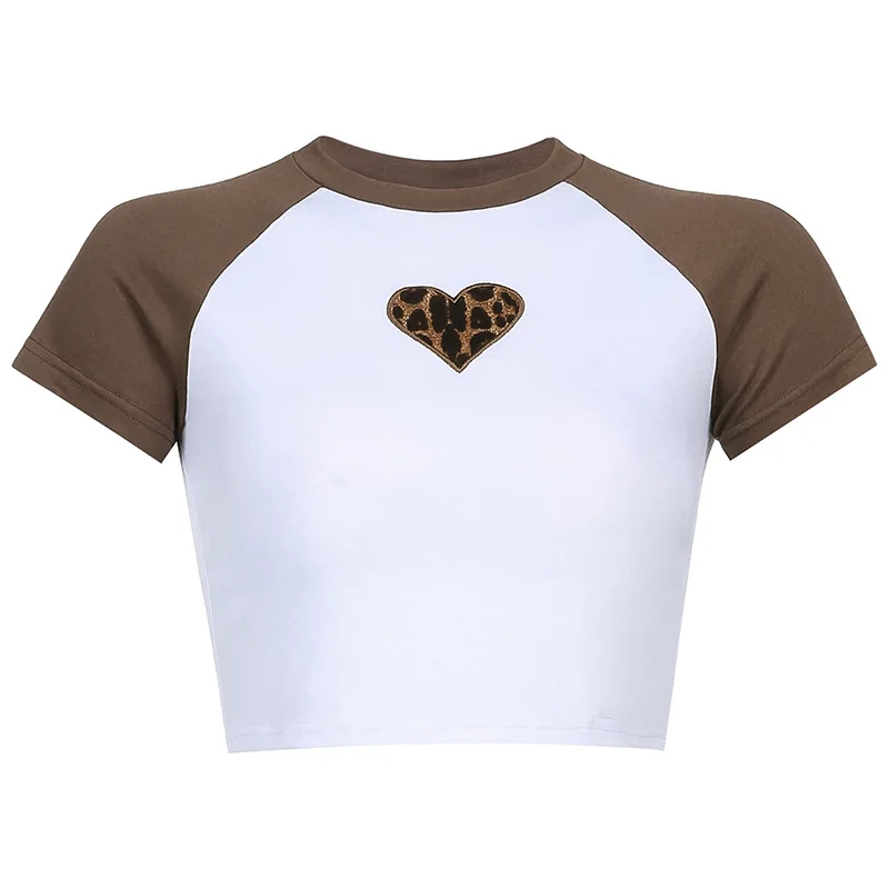 Leopard Heart Pattern T-shirt Summer Short Sleeve O-neck Crop Top 
