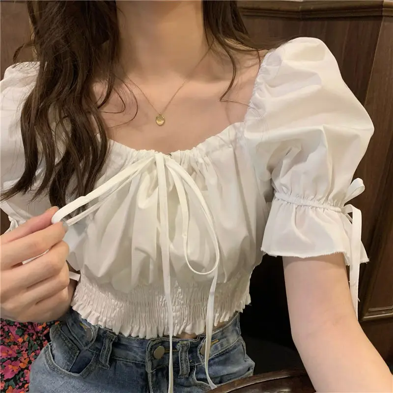H94363e4555294417b22a267d0c43a3a3f - Summer Korean Square Lace-Up Collar Short Sleeves Drawstrings Waist-Controlled Crop Blouse
