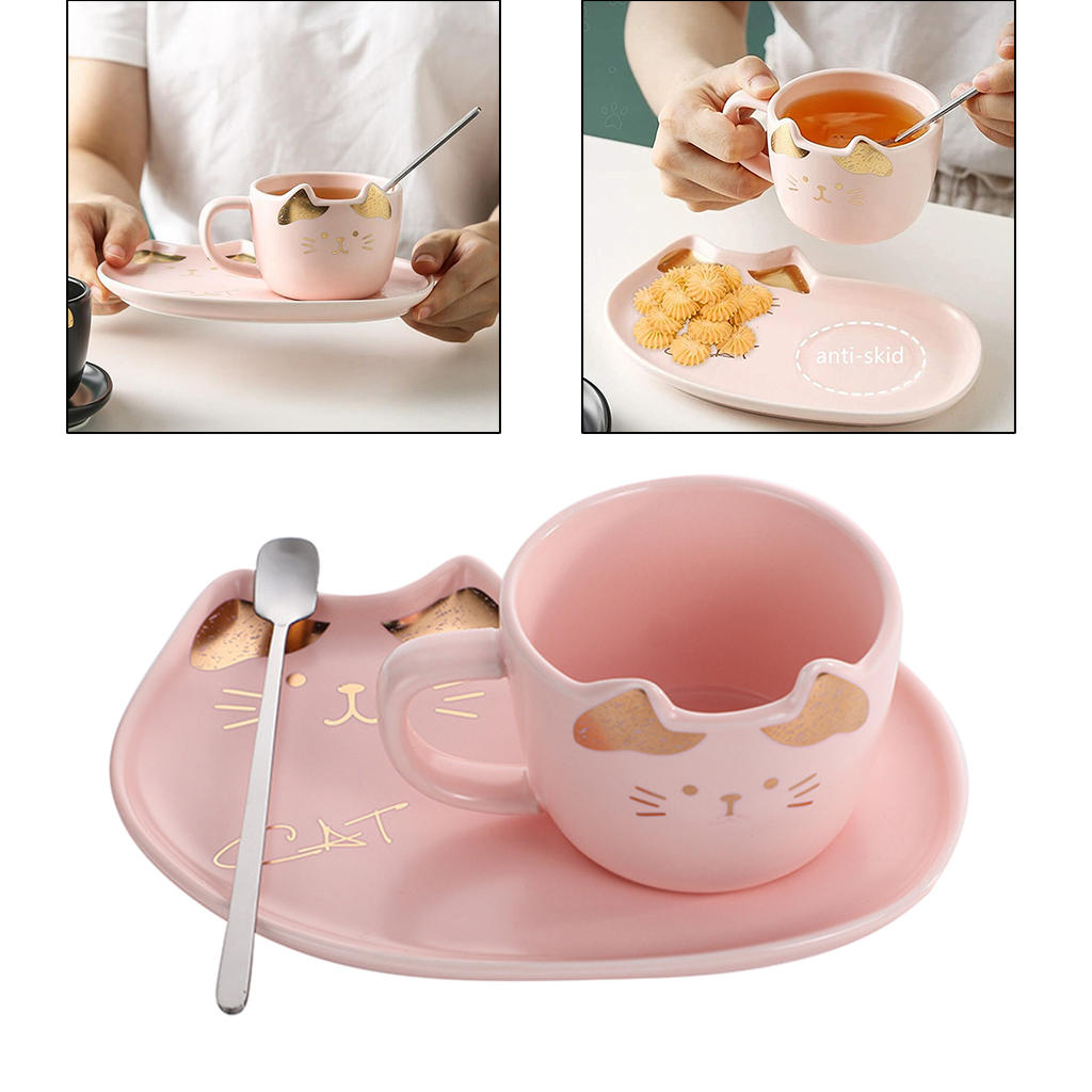 Cartoon Cat Theme Cup & Saucer Set Ceramic Tea Coffee Cup for Breakfast Home Kitchen