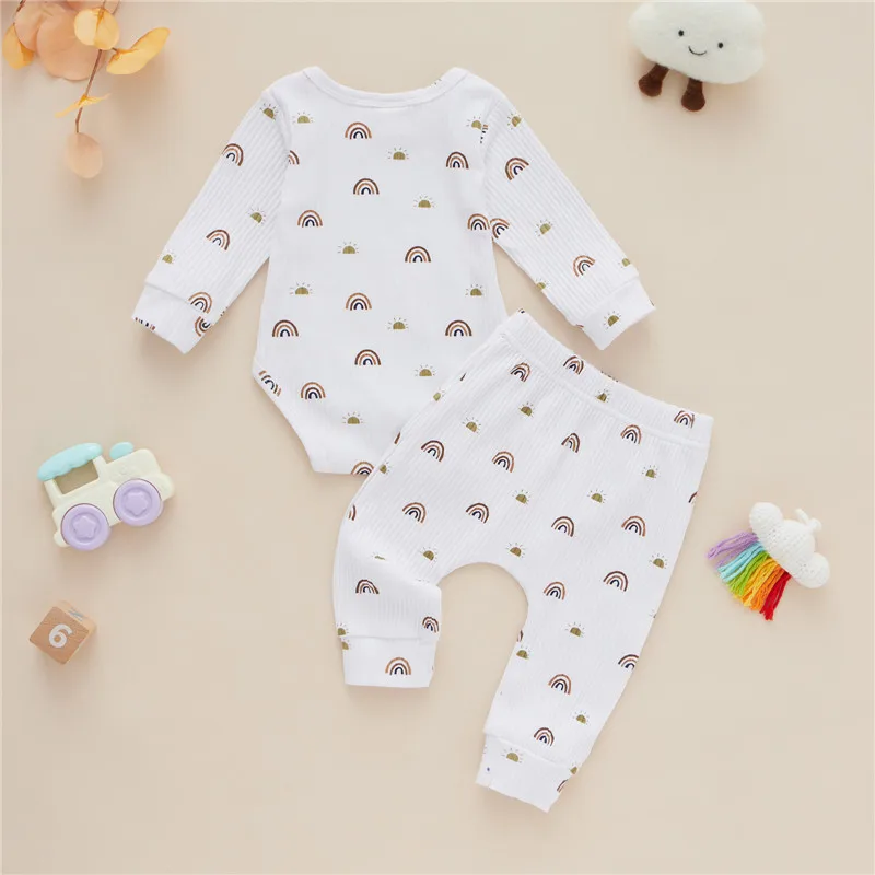 newborn baby clothing gift set 2 Colors Baby Autumn Clothing Sets Newborn Infant Boy Girls Knitted Rainbow Print Bodysuits Tops+Pants Trousers Homewear Outfits Baby Clothing Set for girl