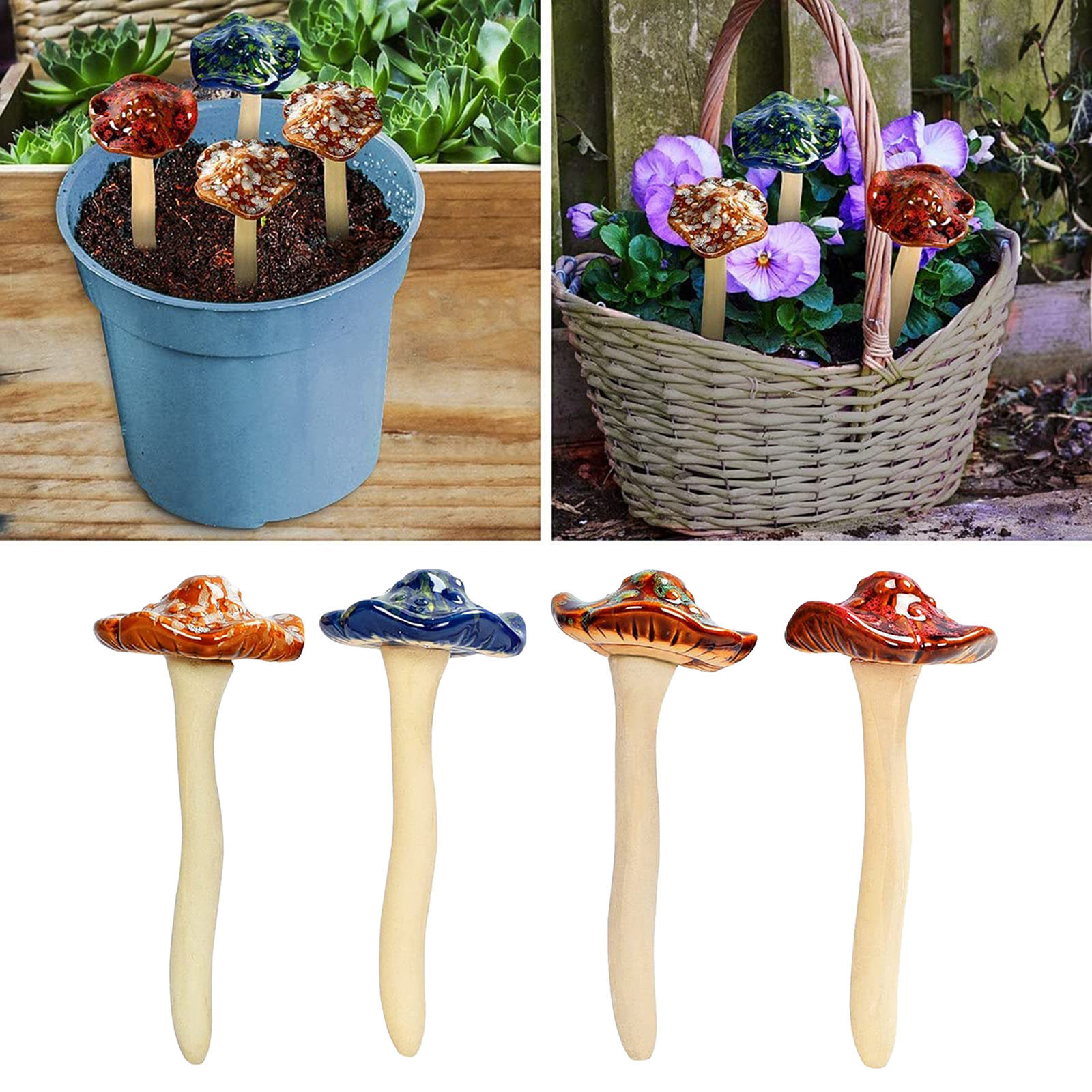 4PCS Colorful Ceramic Mushrooms Garden Decor Mushroom Toadstool Statue Plug Pottery Ornament for Fairy Garden Flowerpot Lawn