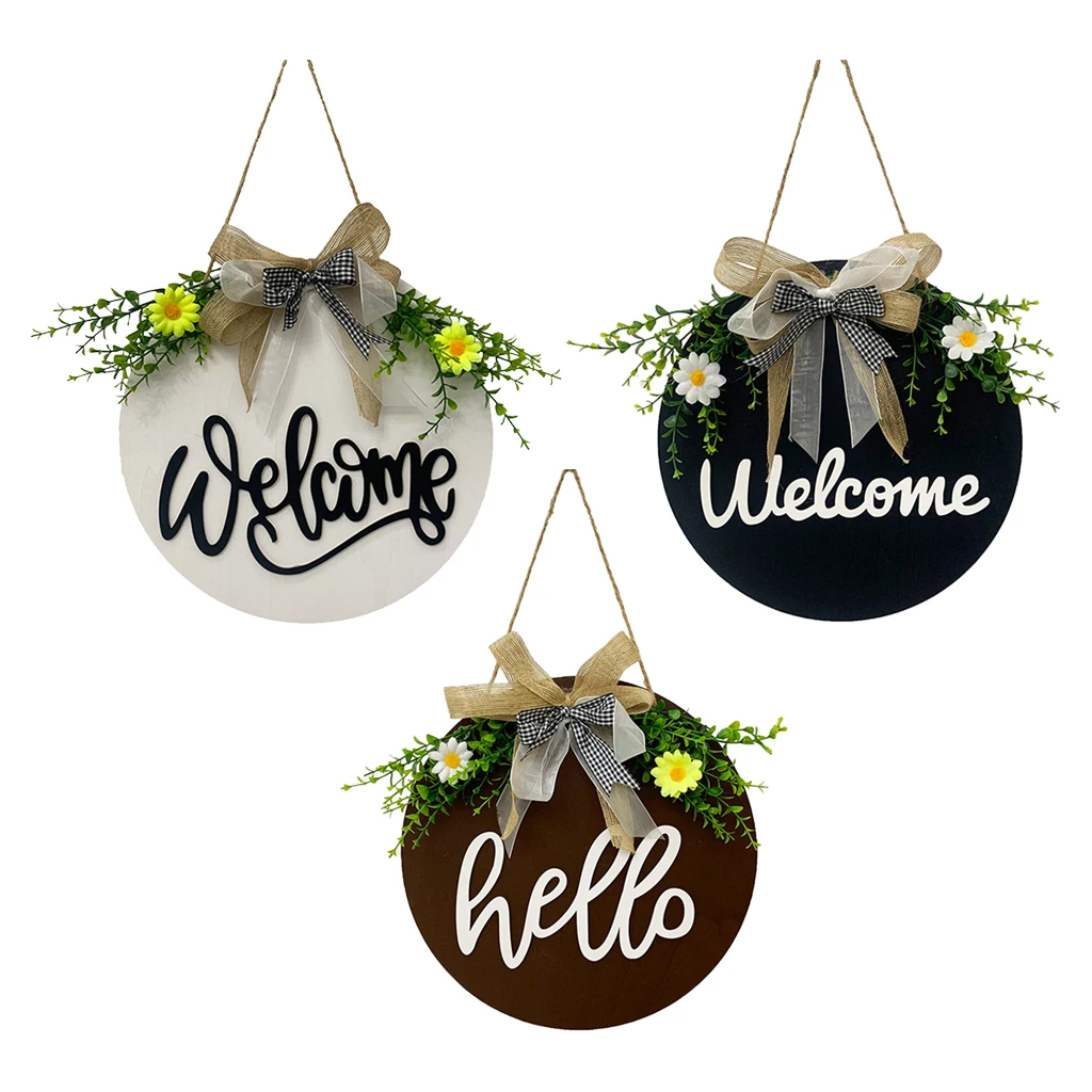 Rustic Wooden Welcome Sign Hanger Door Wreath with Bow Patio Porch Ornament