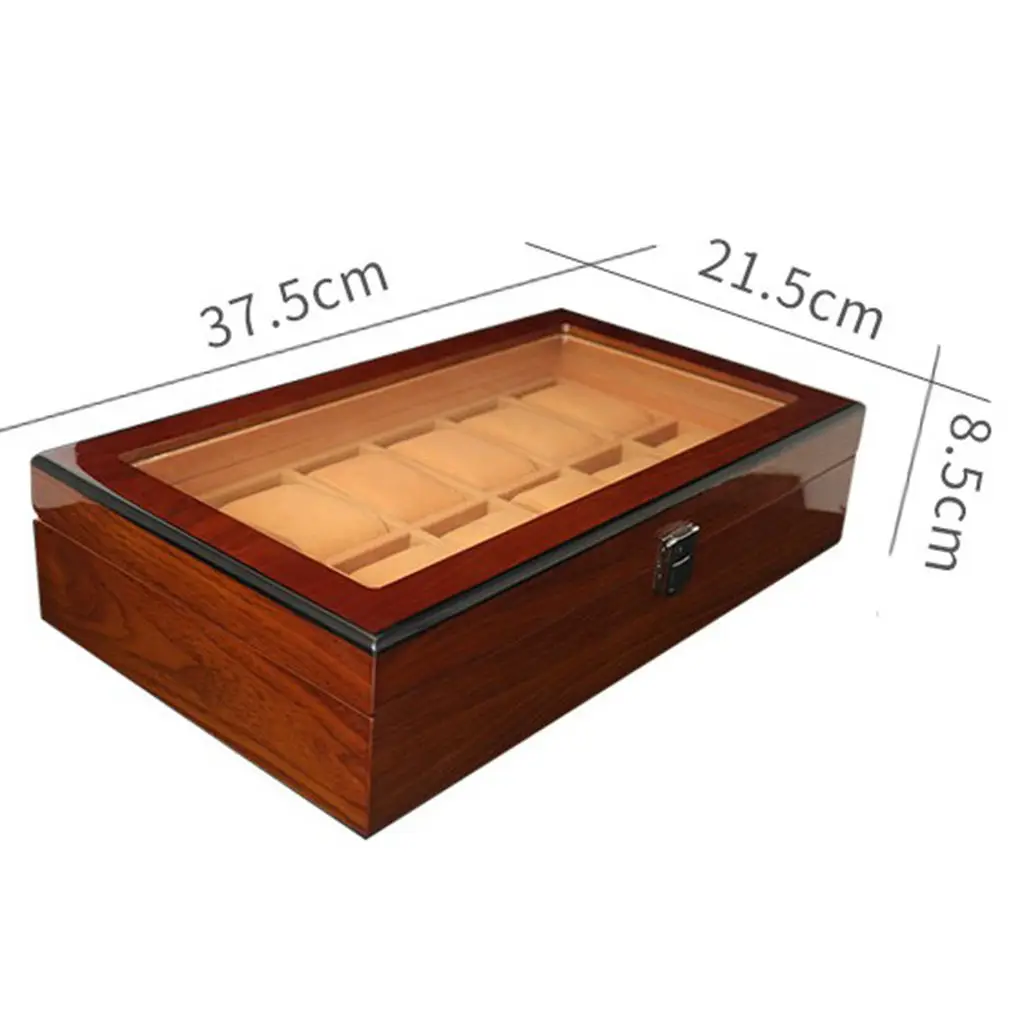 Wooden Watch Box Case Organizer Display for Men Women, 12 Slots Wood Box with Large Clear Glass Top