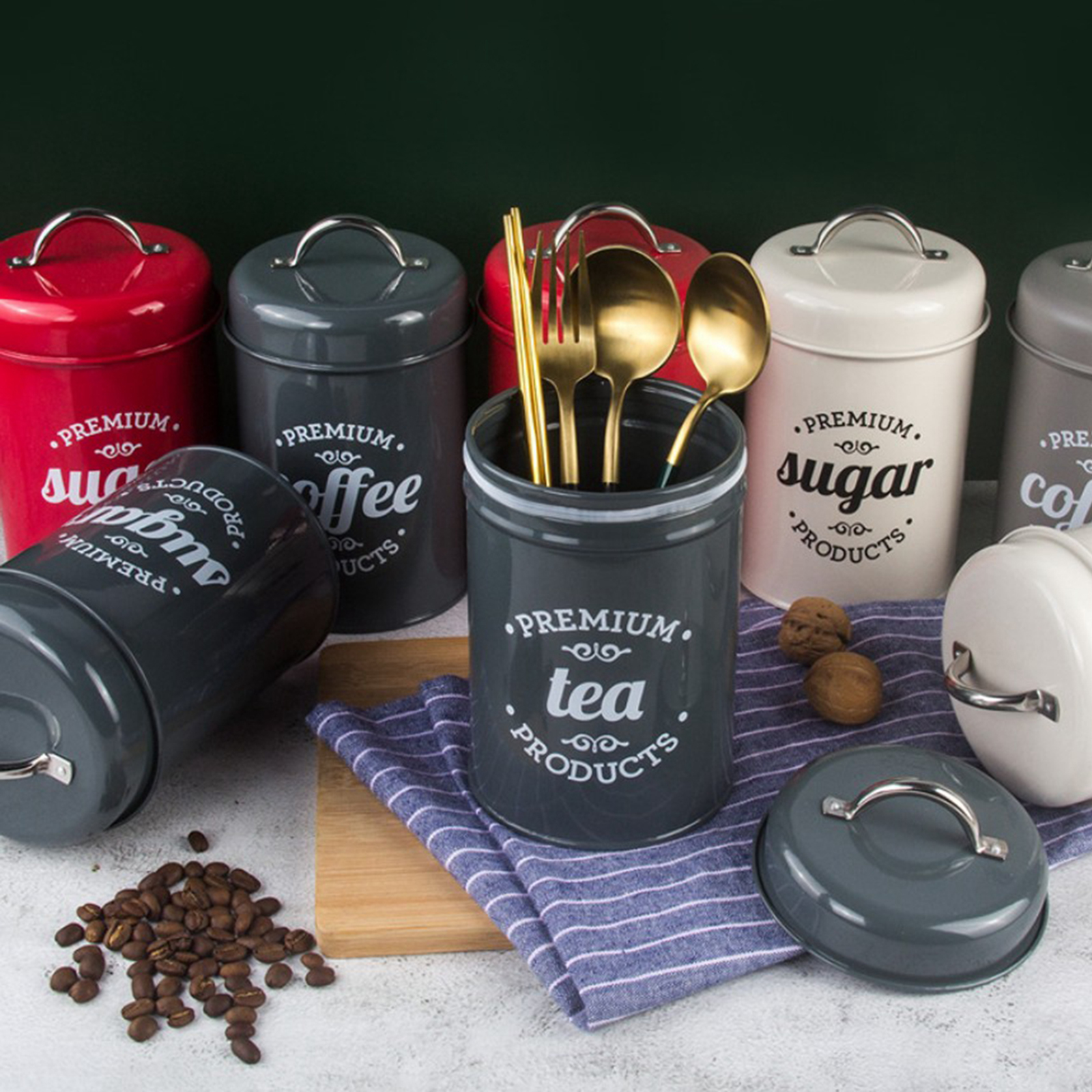 Set of 3 Coffee Tea Sugar Canister Set Metal Kitchen Food Storage Tins Jars with Airtight Lids