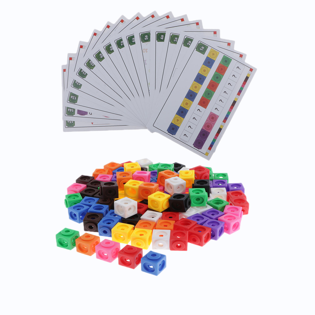 100 Pieces Math Link Cubes - Interlocking Snap Blocks Set with 15 Cards - for