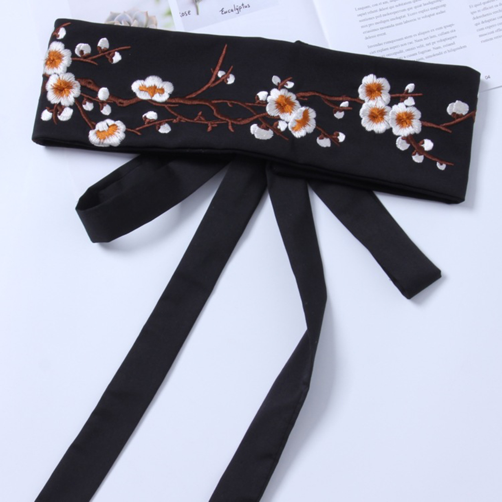 Vintage Style Embroidered Flower Pattern Waistband Obi Belt Corset Belt with Self Tie Long String for Special Dress