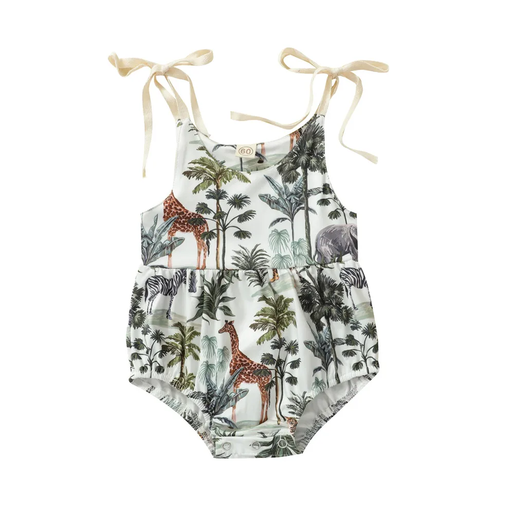 Baby Forest Animal Print Romper, Girls Sleeveless O-neck Short Sling Jumpsuit for Summer Baby Bodysuits classic