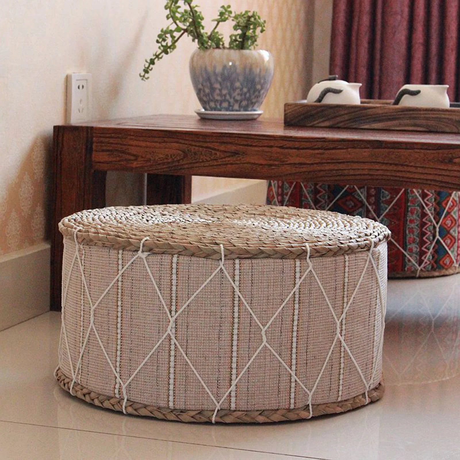 Japanese Style Futon Floor Pillow Round Meditation Cushion Footstool Ottoman Seat Pouf for Living Room Bedroom Yoga Room