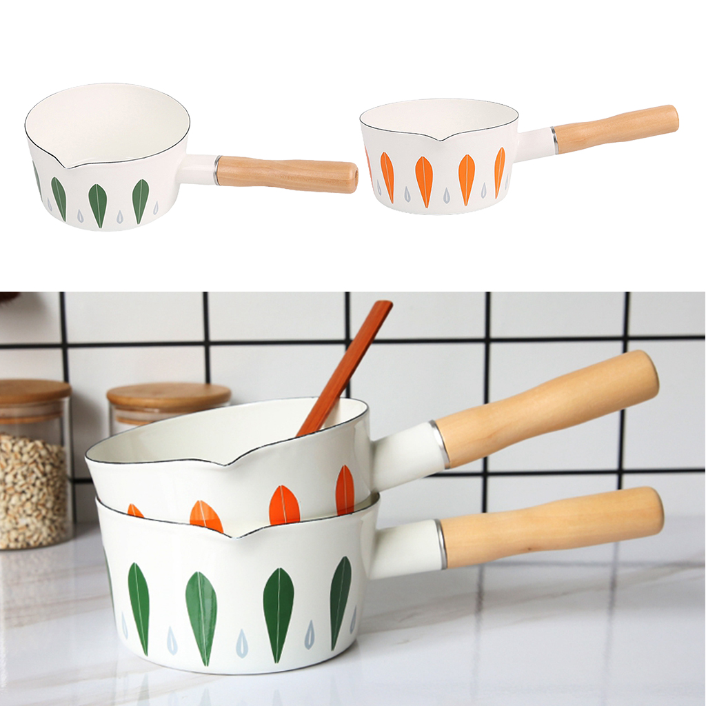 Saucepan 1L Enamel Milk Pot Wooden Handle Small Pot Oil Fryer Kitchen Utensils, No Lid
