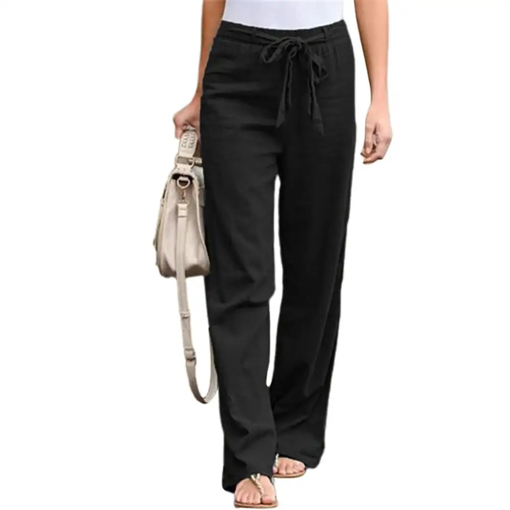 Women Casual Solid Color High Waist Belt Wide Leg Long Straight Pants Trousers white pants