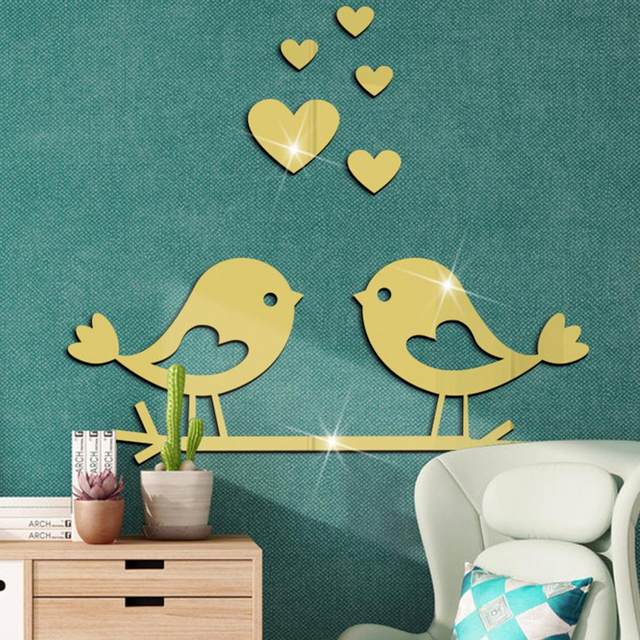 Autocollants Miroir Oiseaux 3D - Déco Murale Amovible - Or - 11 Pièces - DIY Déco Maison