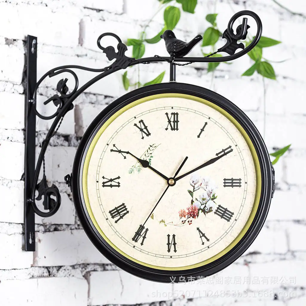 Wrought Iron Double Sided Retro Wall Hanging Clock Bedroom Garden Outdoor Decoration Decor
