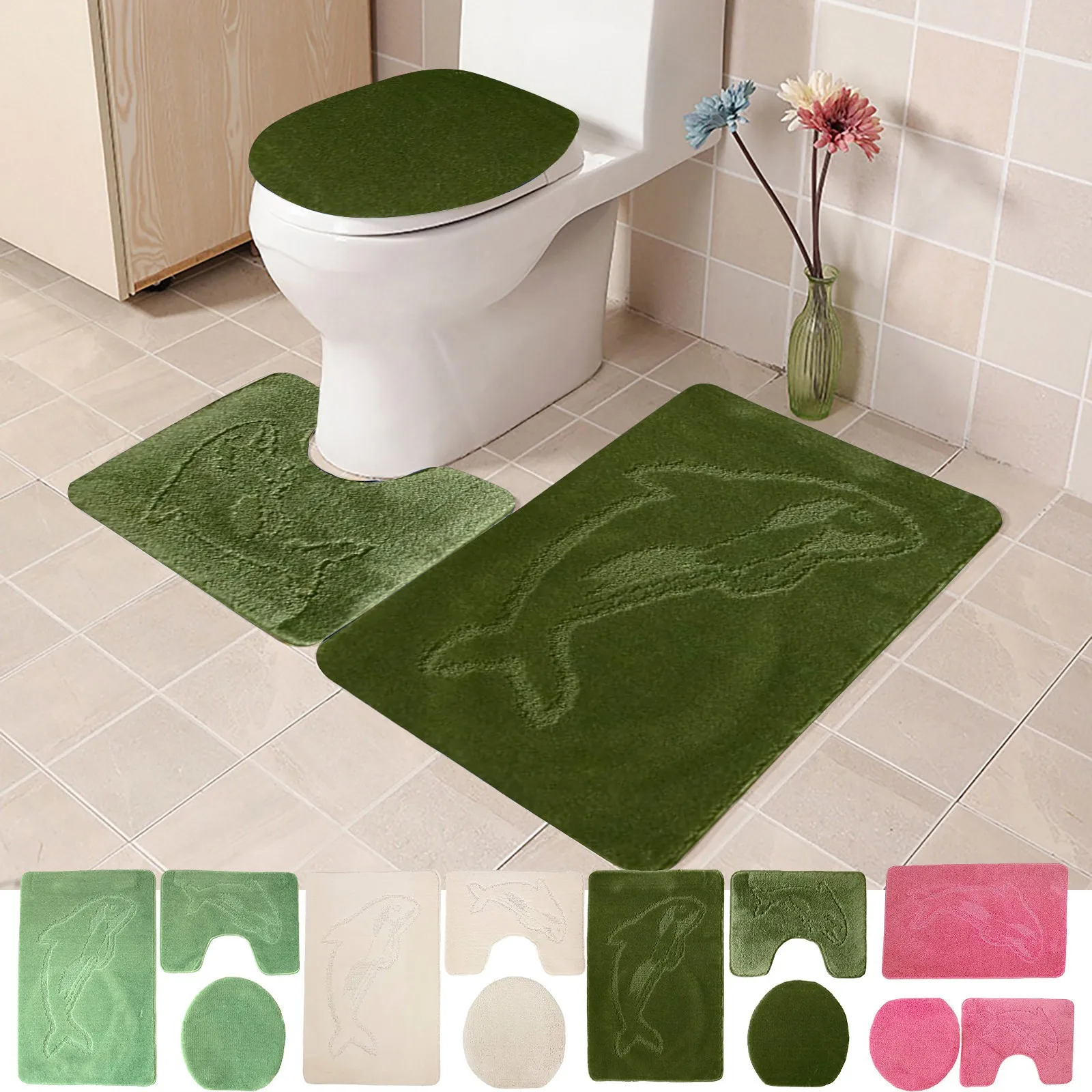 3pcs Non-Slip Bathroom Rug Bath Mat Contour Toilet Seat Lid Cover Set Home Decor 