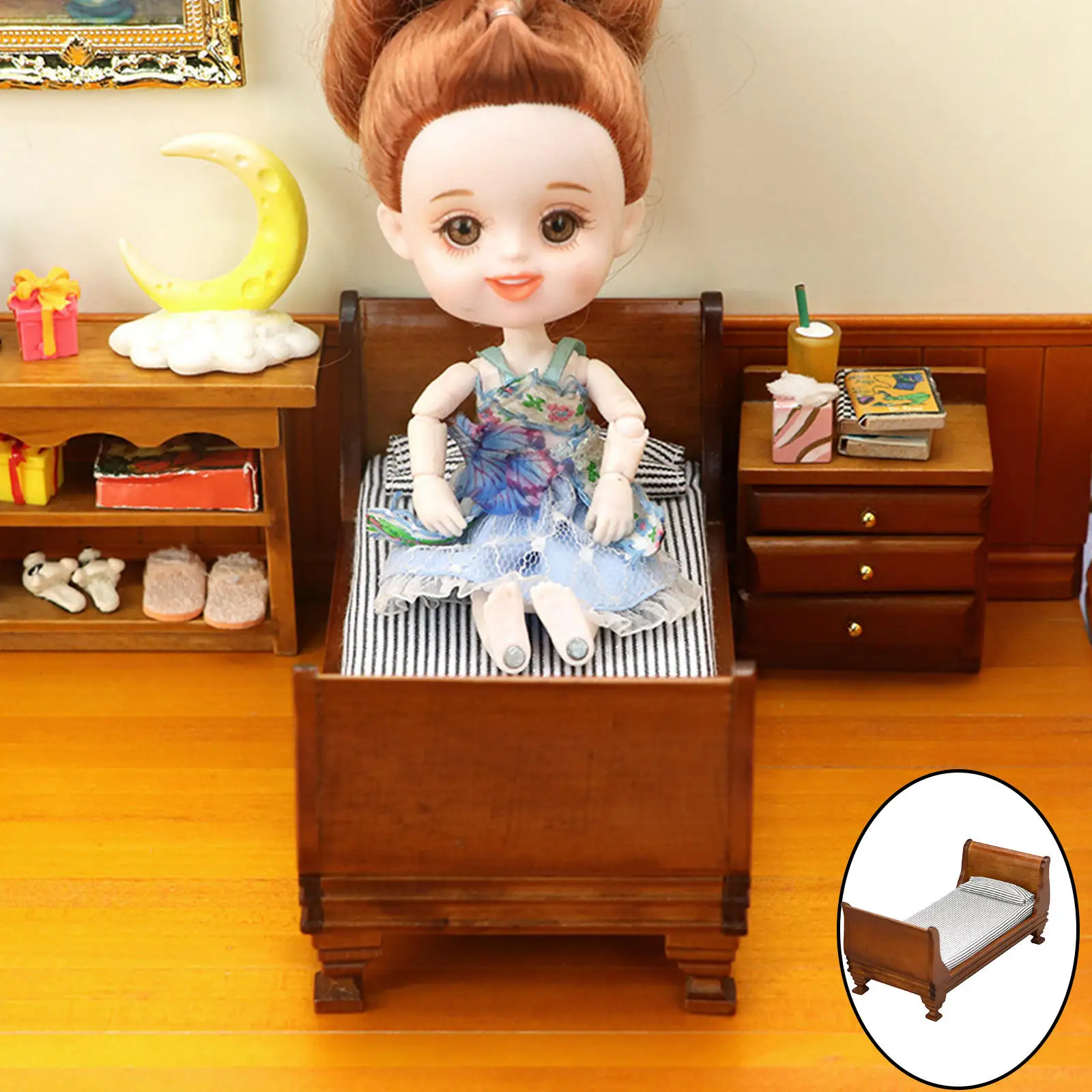 1:12 Retro Single Bed with Sheet,Doll House Furniture Life Scene Supplies,Bedroom Home Scenery Miniature Oranments