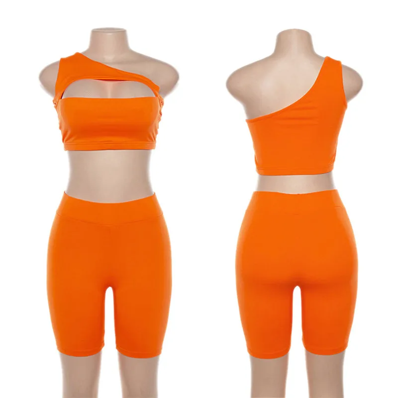 Sexy Women Neon Orange Two Piece Set One Shoulder Cut Out Crop Tops Elastic High Waist Shorts Sets Sporty Outwear 2021 champion shorts