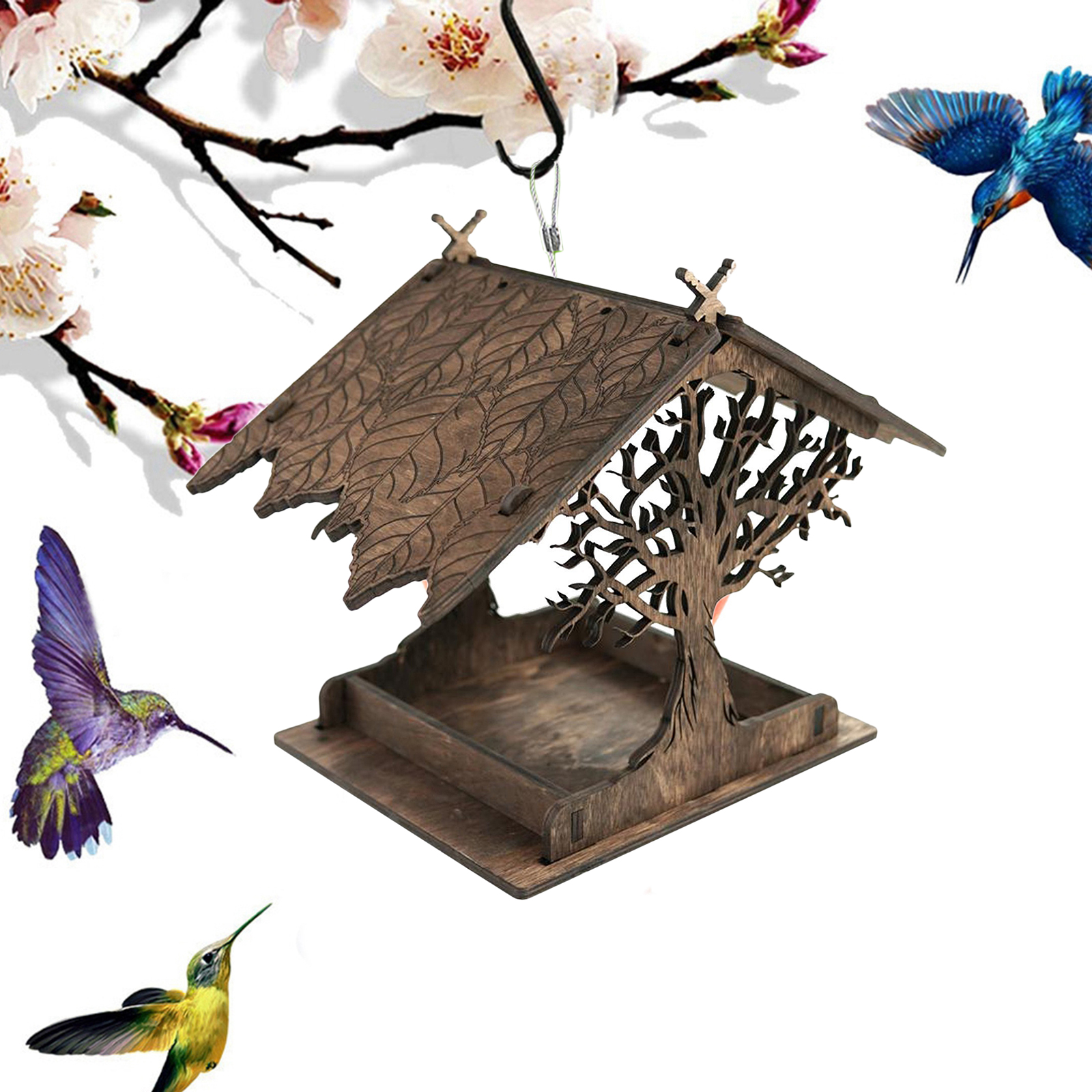 Wooden Bird Feeder Decorative Hanging Garden Birdhouse Birdfeeder for Small birds, natural Wild Birds Swing Toy