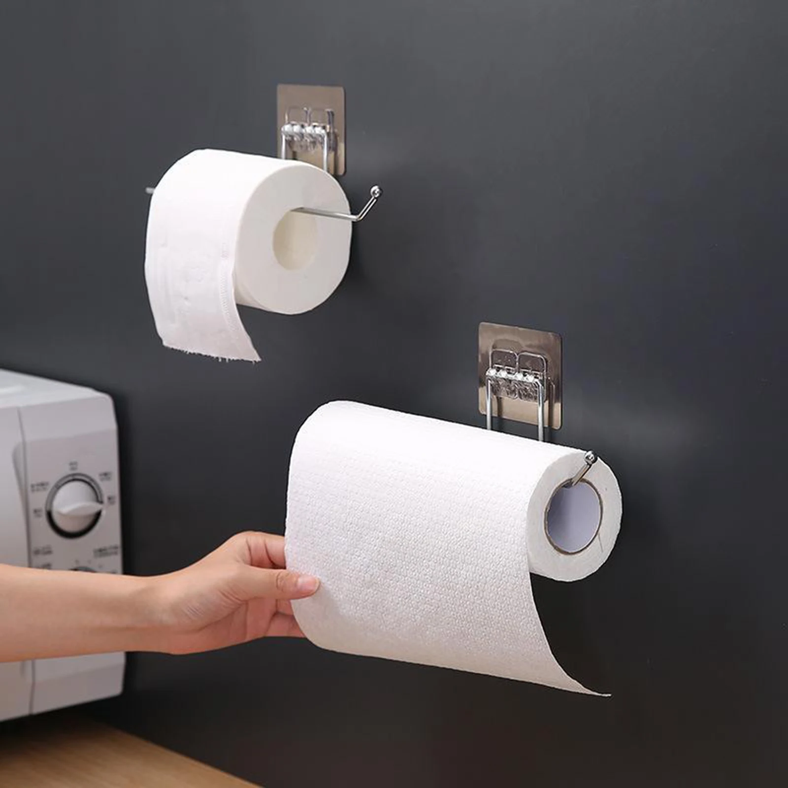 Bathroom Paper Towel Holder Rustproof Self Adhesive Wall Mount Kitchen