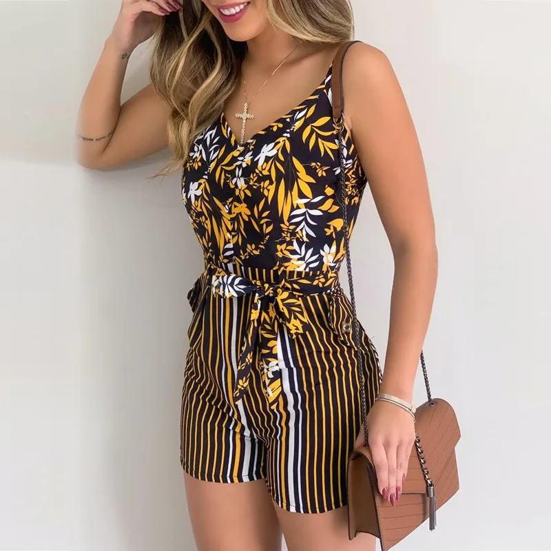 New Female Fashion Playsuits Ladies Floral Print Deep V-Neck Sleeveless Romper with Waist Belt 