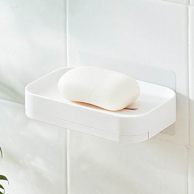 YOHOM 2PCS Adhesive Soap Dish with Drain Tray White Shower Bar Soap Holder  Wall Mounted Bathroom Hanging Soap Tray Holder for Tub Plastic