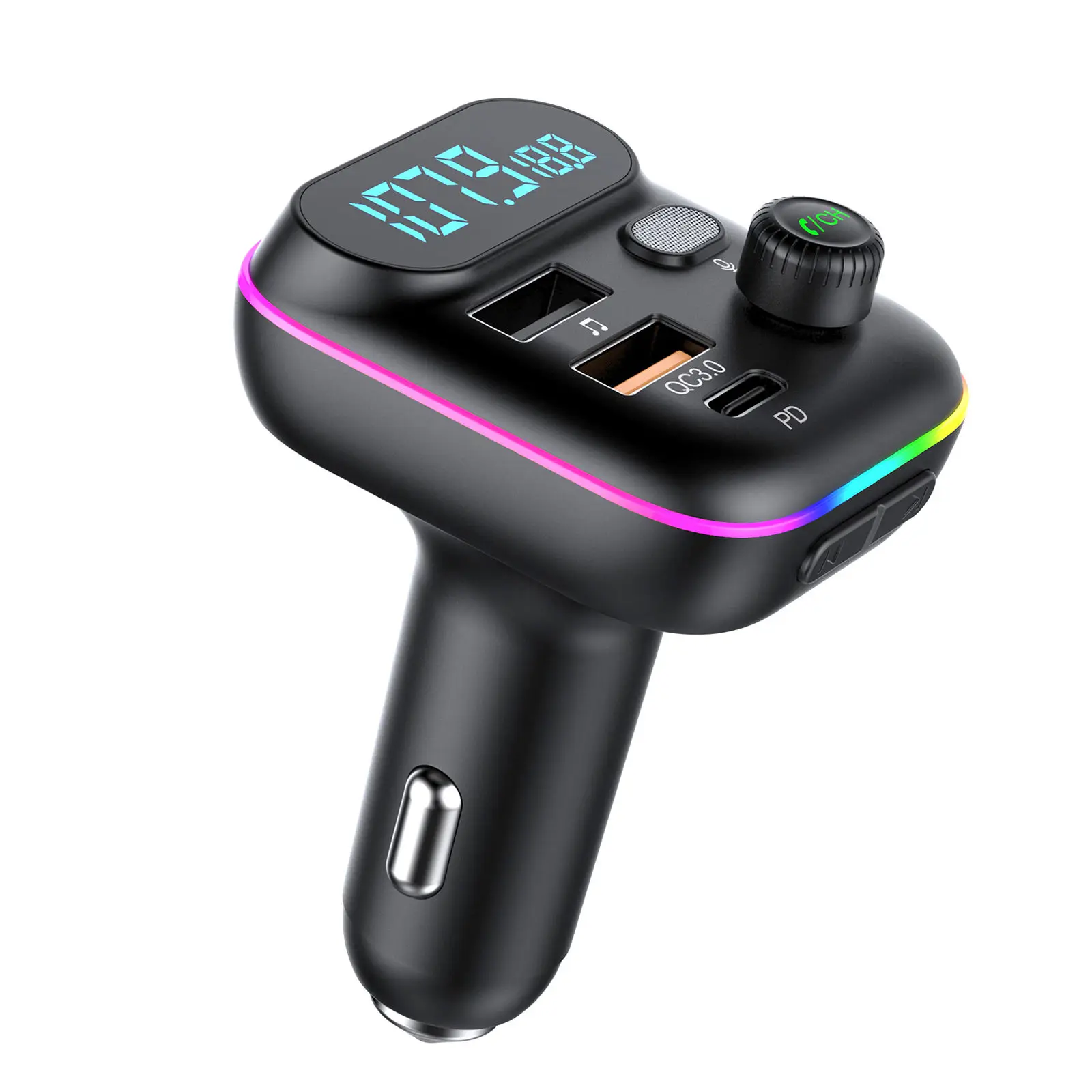 Car FM Transmitter PD20W 5V/3A USB QC3.0 Fast Charging MP3 Player U Disk Playback Voltage Display 7 Color Atmosphere Light