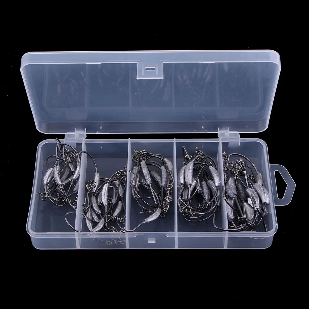 50pcs Weighted Superline Spring Hook with Centering Pin Offset Circle Worm Jig Fishing Hooks