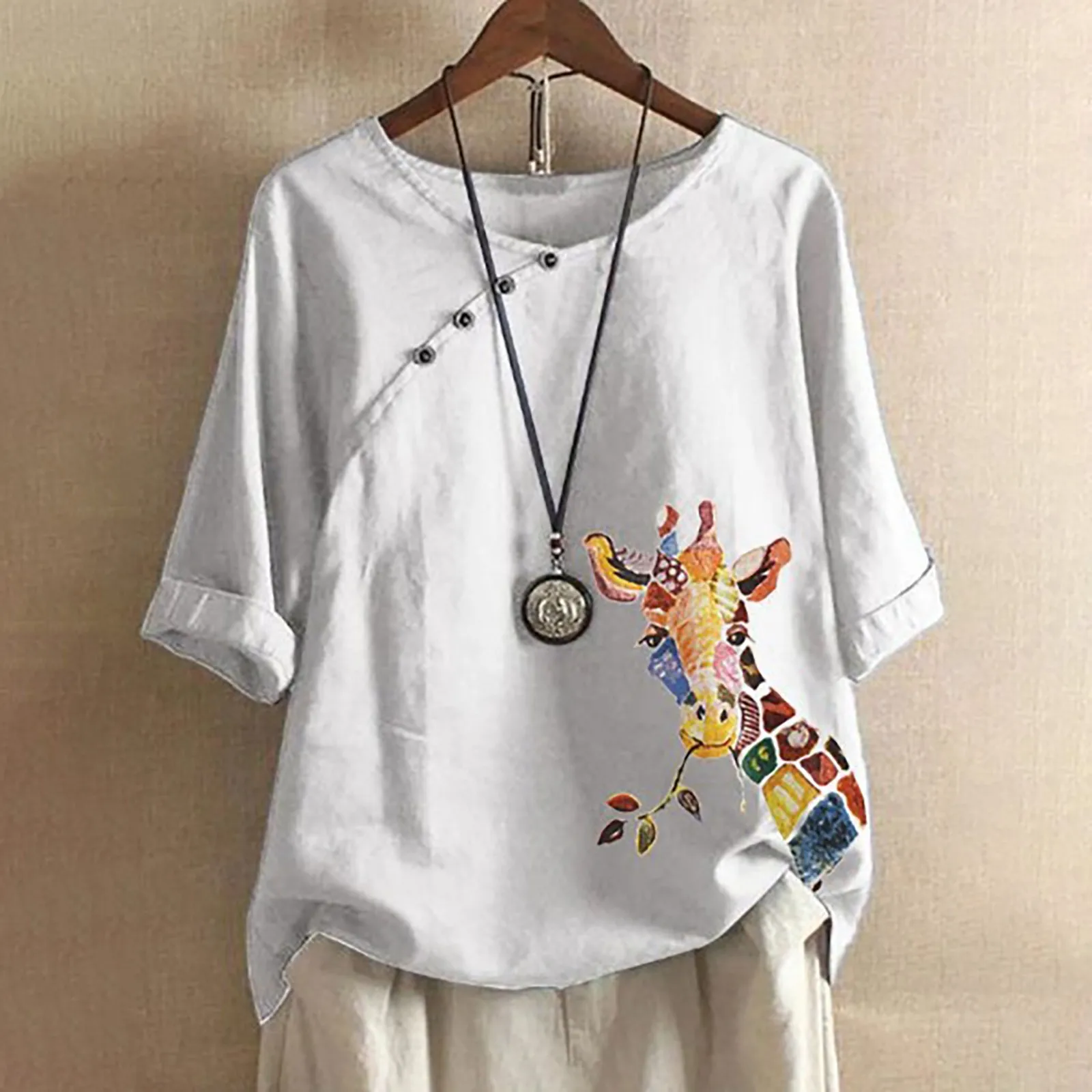 ladies white shirt 40# Kawaii Giraffe Print Blouse Women Button Cotton Linen Plus Size Short Sleeve O-neck Pullover Shirt Blusas Mujer De Moda 2021 ladies white shirt