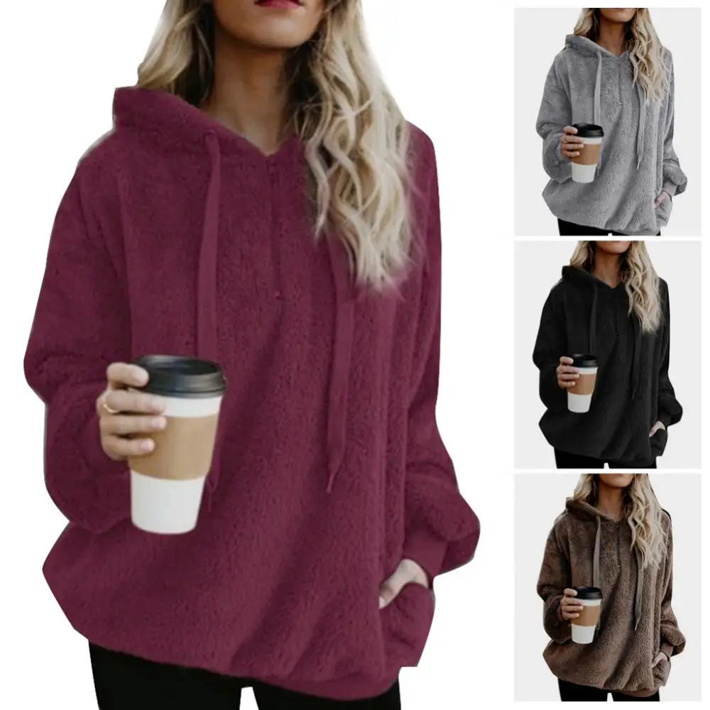 60%HOT Plus Size Winter Solid Color 1/4 Zip Up Fluffy Hoodies Women Hooded Sweatshirt white hoodie women